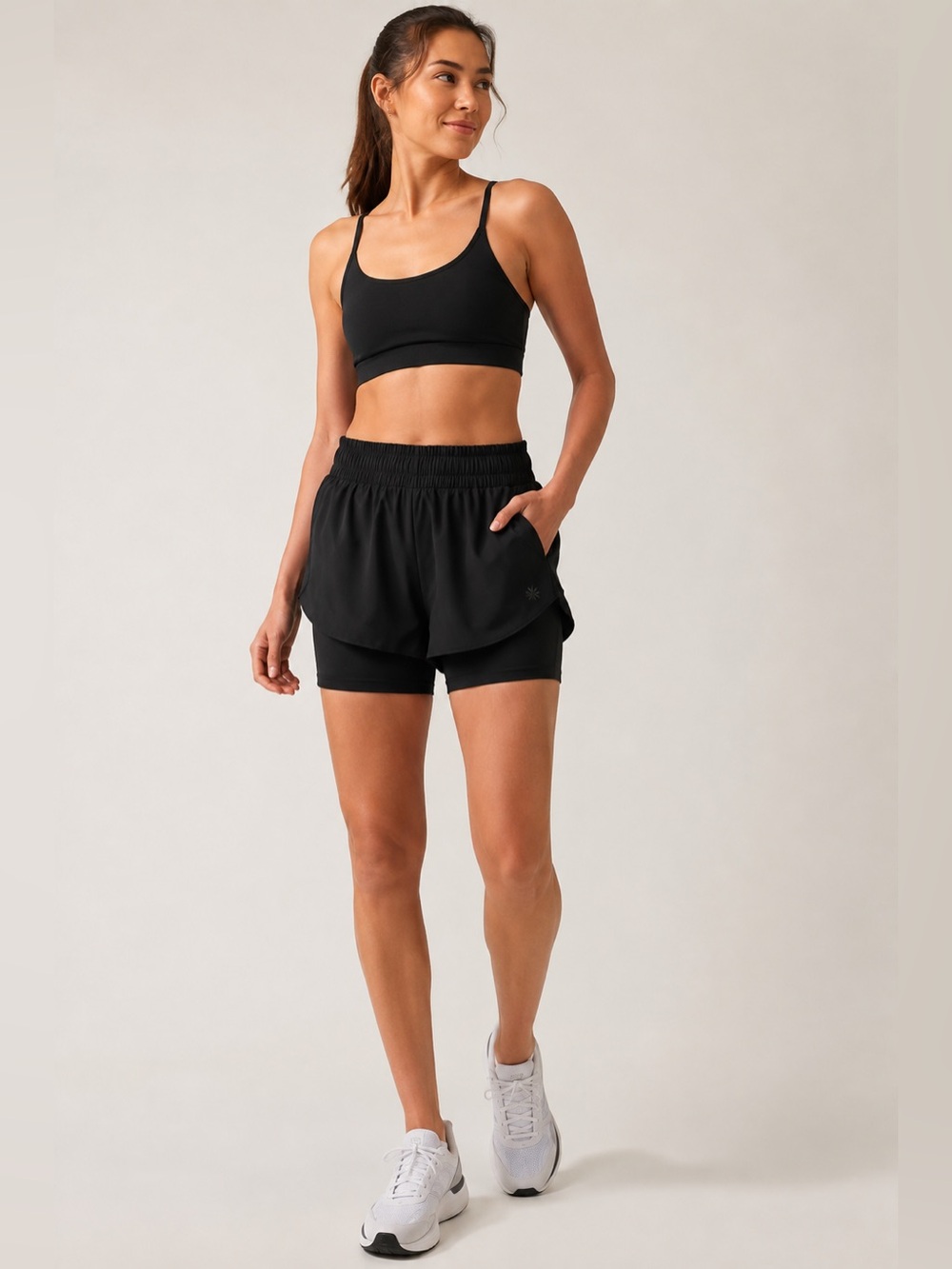 Athleta Racer Run 2 in 1 Black Athletic‎ Shorts